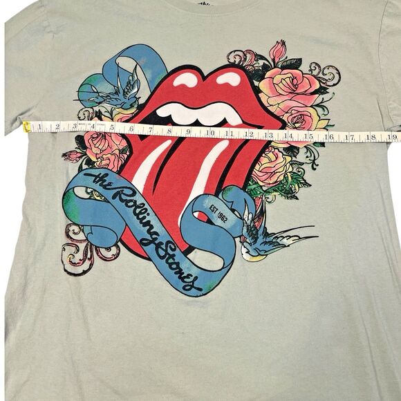 The Rolling Stones Tee Light Green Floral Tongue Graphic Band Shirt L - Picture 4 of 7
